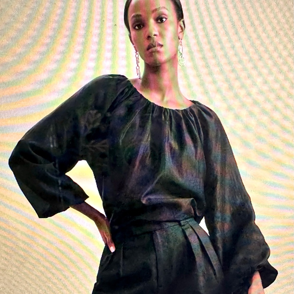 Banana Republic Black Puff Sleeve Shirred Blouse (large)